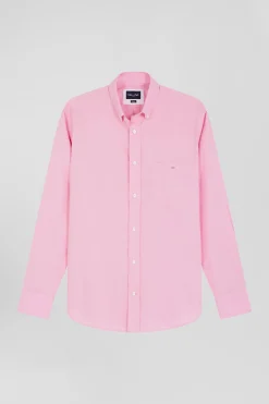 Regular plain pink cotton poplin shirt