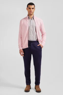 Regular plain pink cotton high collar zipped cardigan