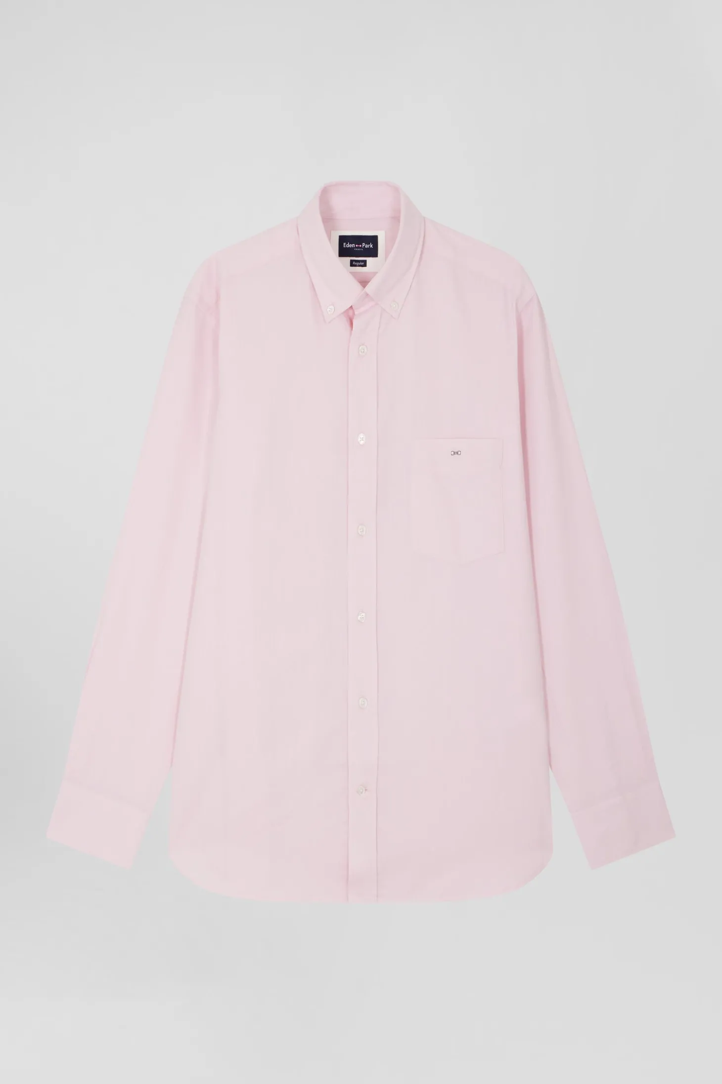 Regular plain pink cotton twill shirt with button-down collar