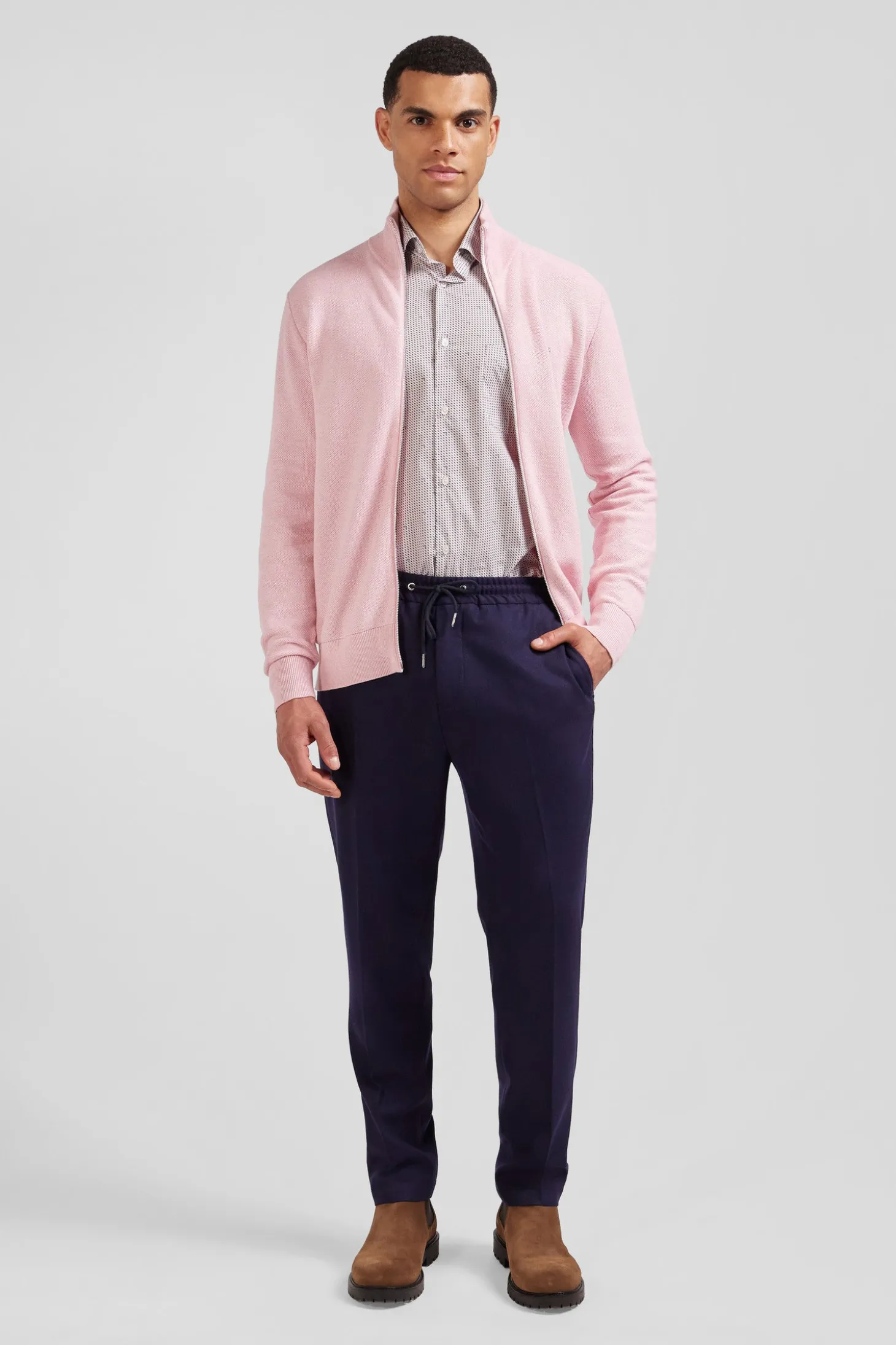 Regular plain pink cotton high collar zipped cardigan