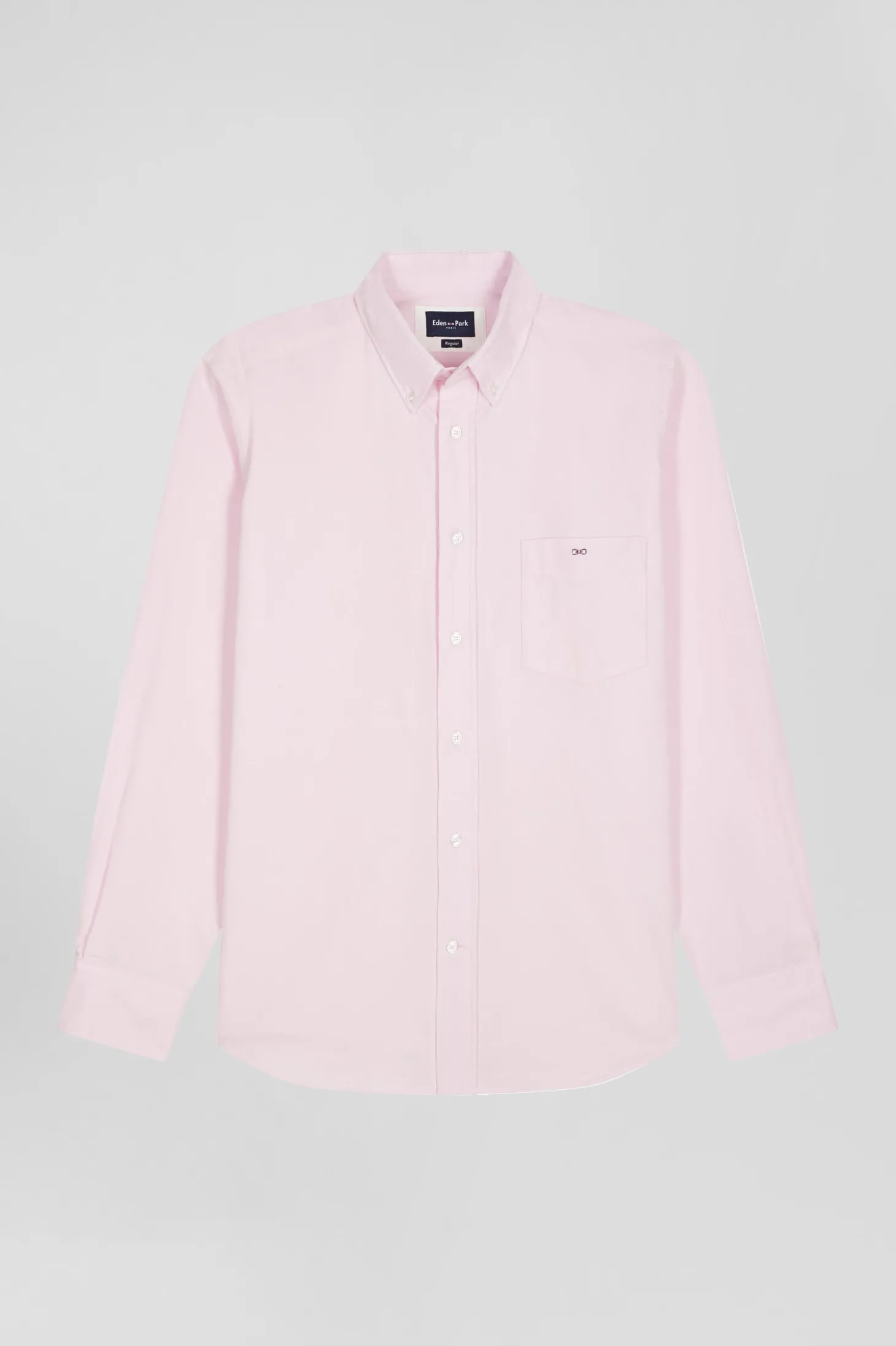 Regular plain pink cotton shirt with button-down collar and chest pocket