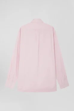 Regular plain pink cotton twill shirt with button-down collar