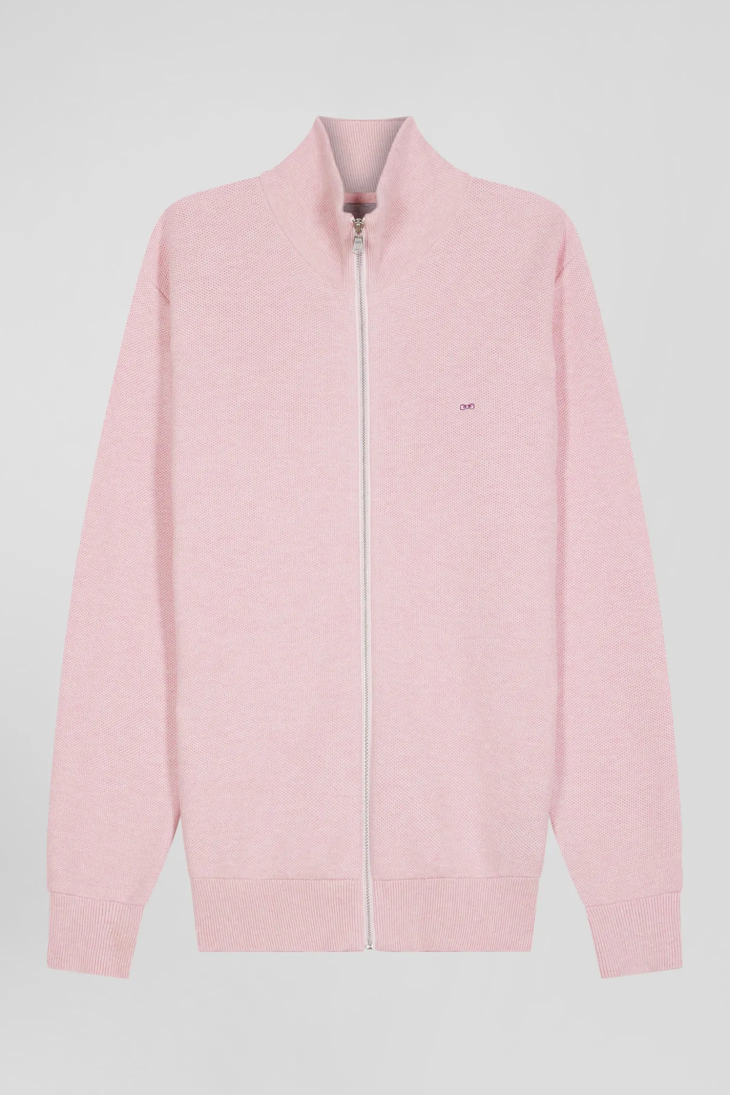 Regular plain pink cotton high collar zipped cardigan