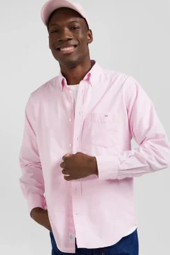 Regular plain pink cotton shirt with button-down collar and chest pocket