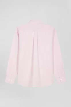 Regular plain pink cotton shirt with button-down collar and chest pocket
