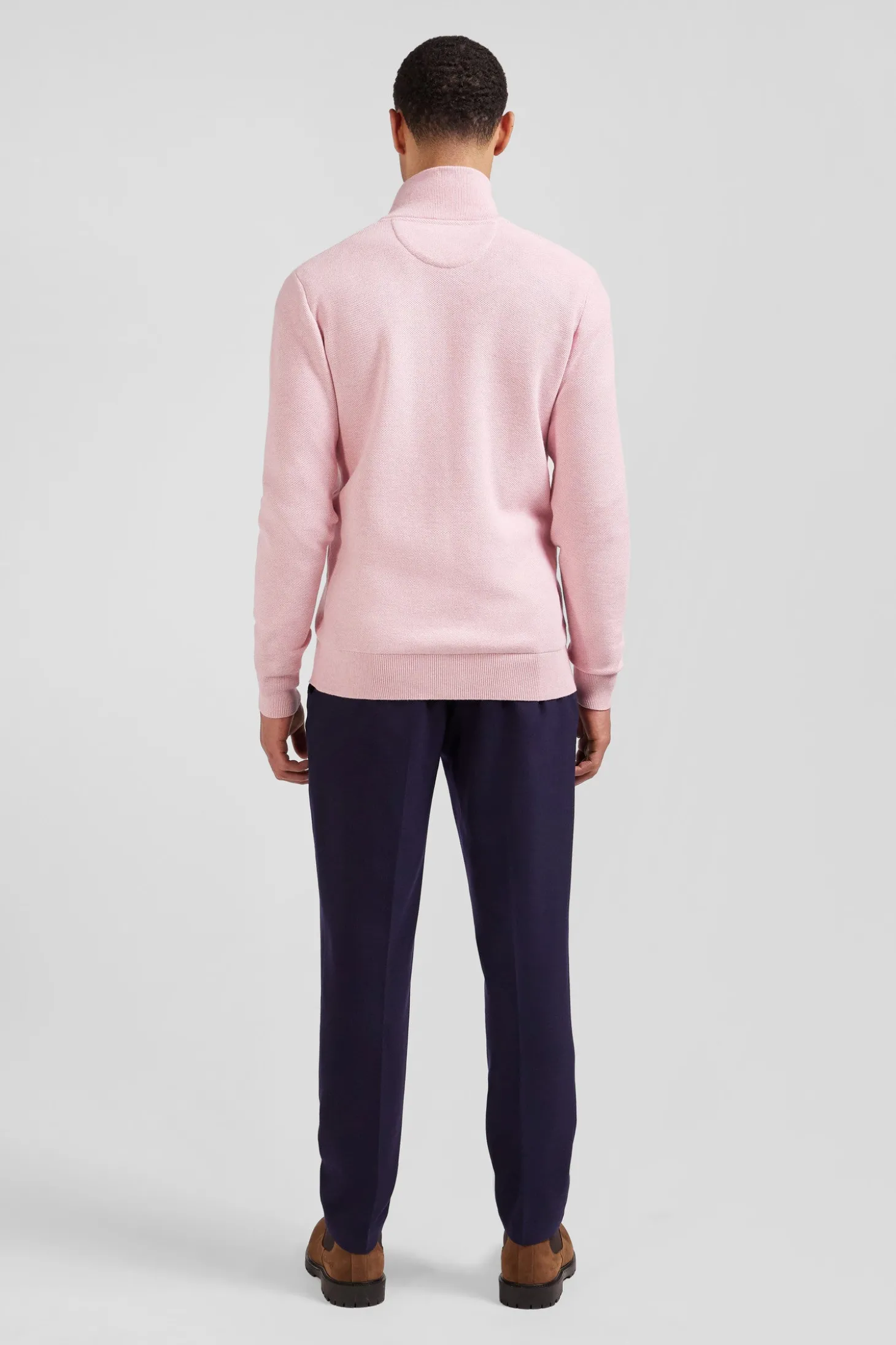 Regular plain pink cotton high collar zipped cardigan