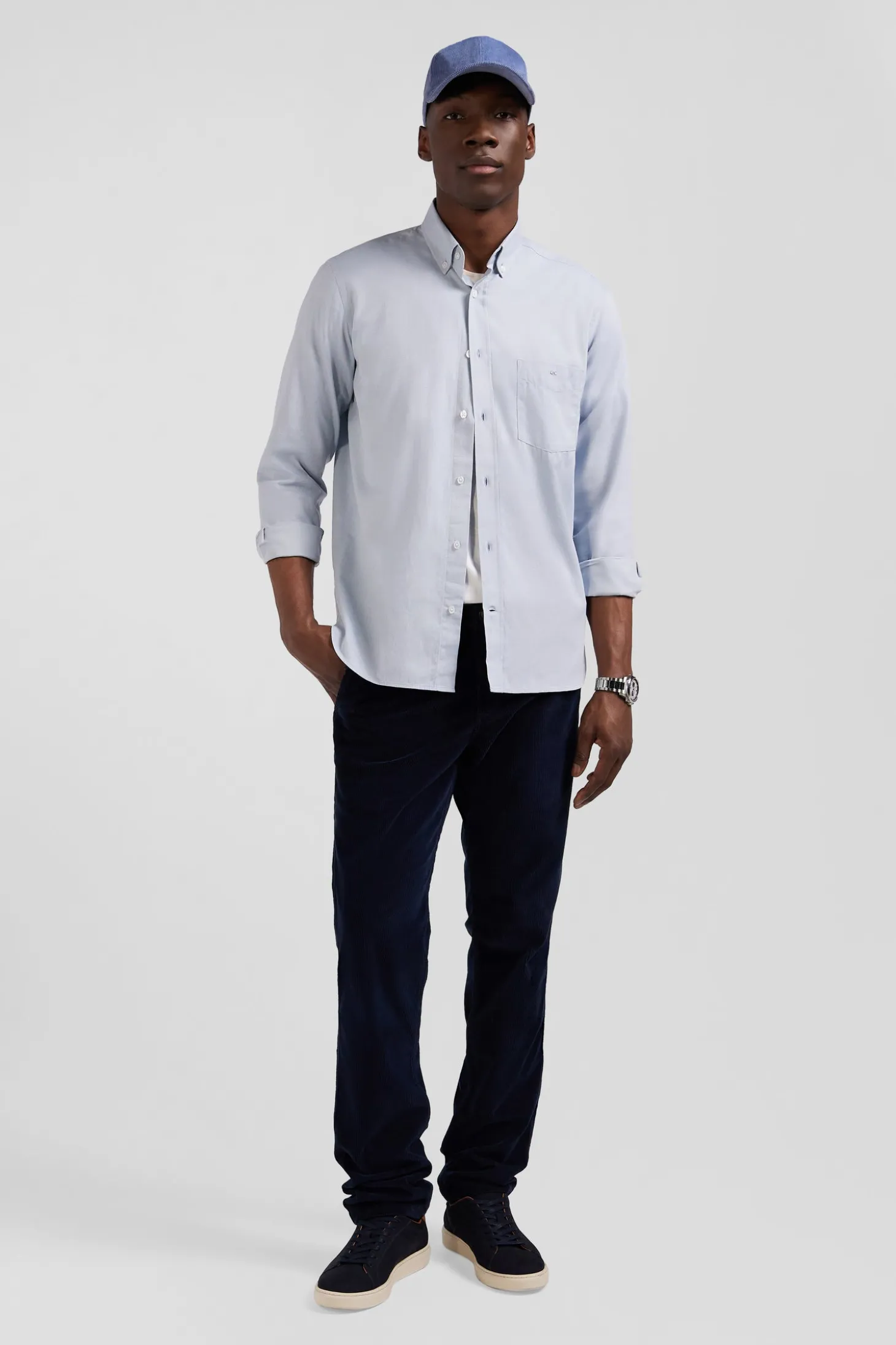 Regular plain sky blue cotton twill shirt with button-down collar
