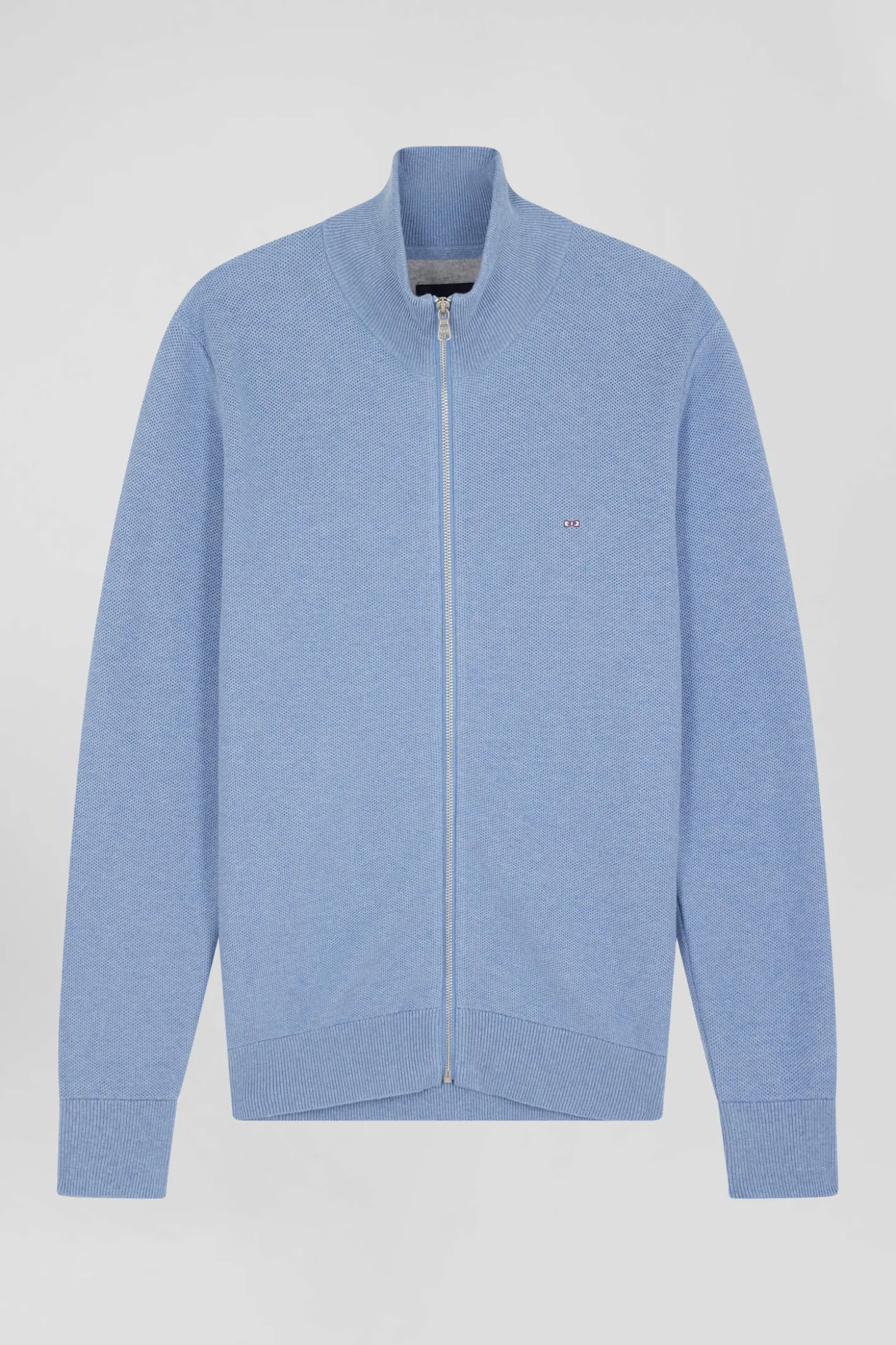 Regular plain sky blue cotton high collar zipped cardigan