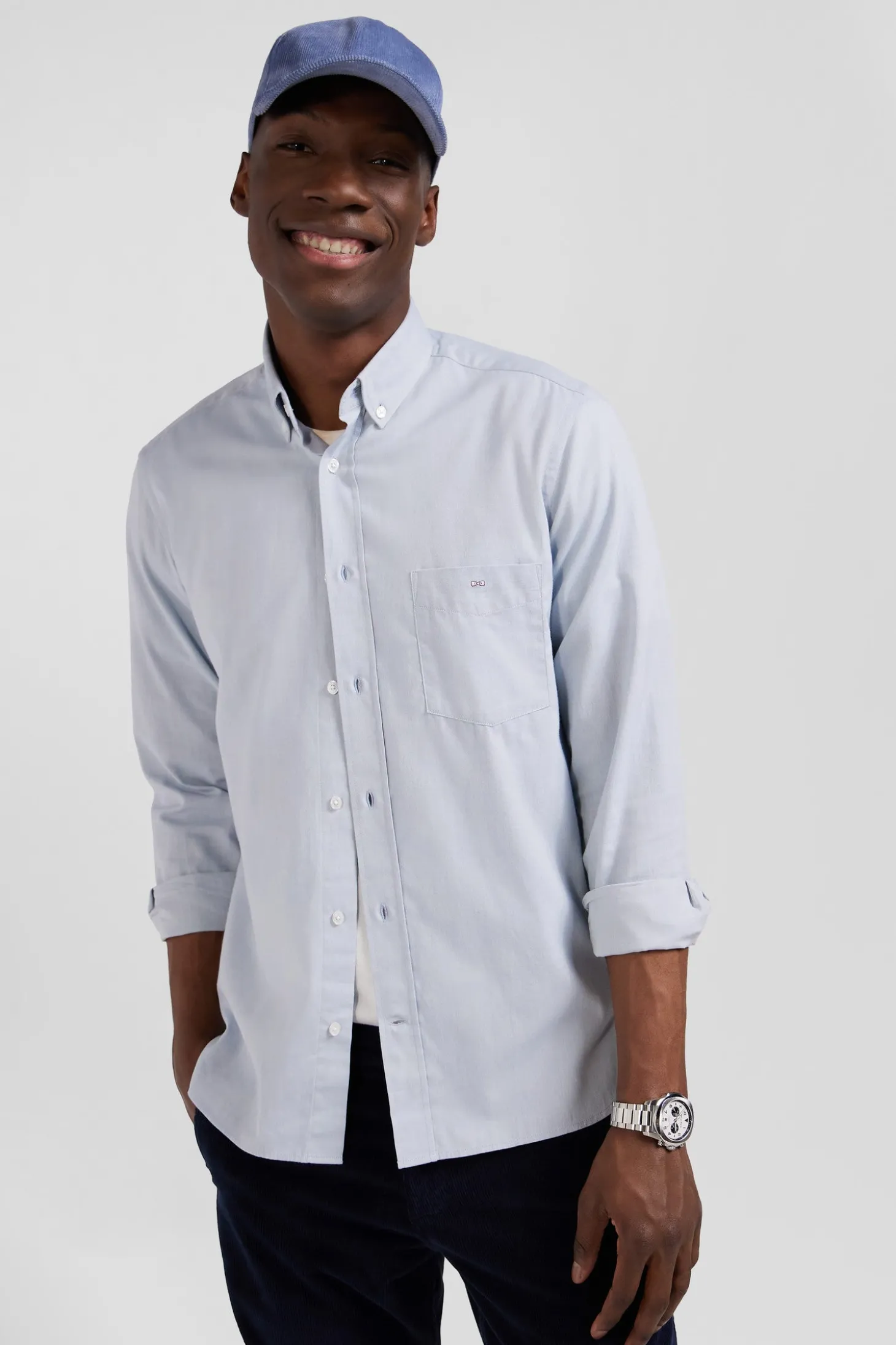 Regular plain sky blue cotton twill shirt with button-down collar