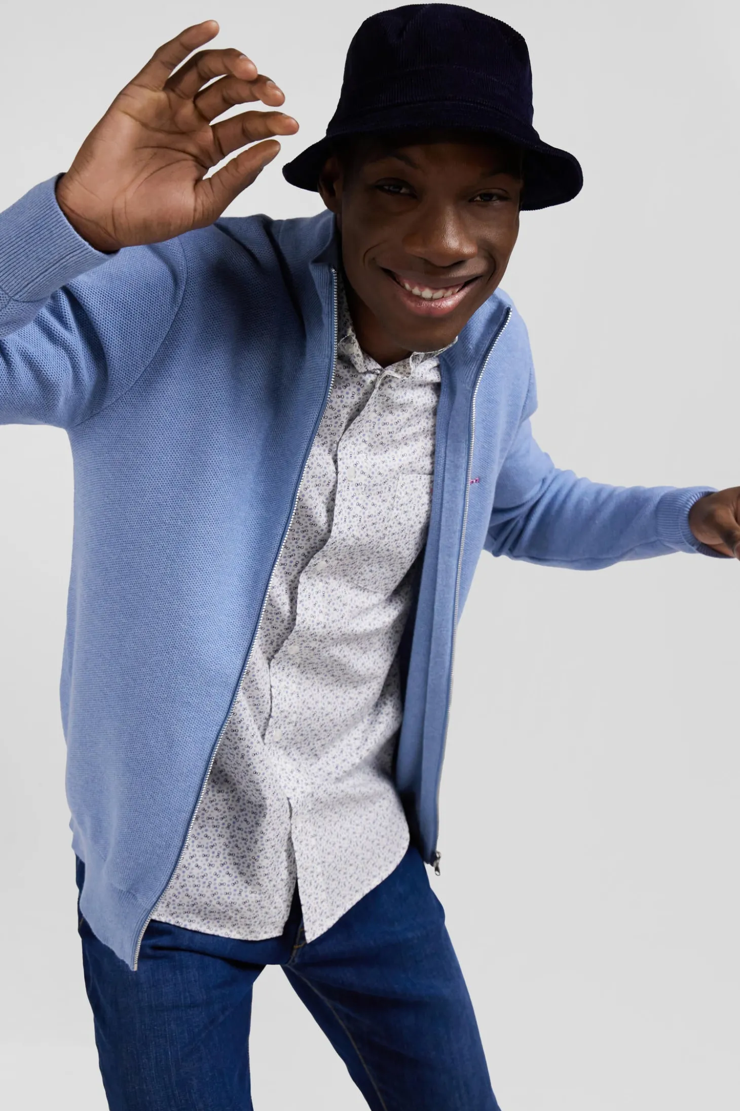 Regular plain sky blue cotton high collar zipped cardigan