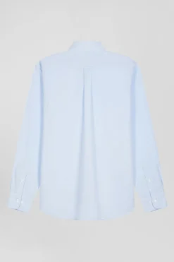 Regular plain sky blue cotton shirt with button-down collar and chest pocket