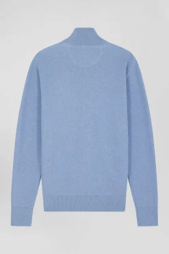 Regular plain sky blue cotton high collar zipped cardigan