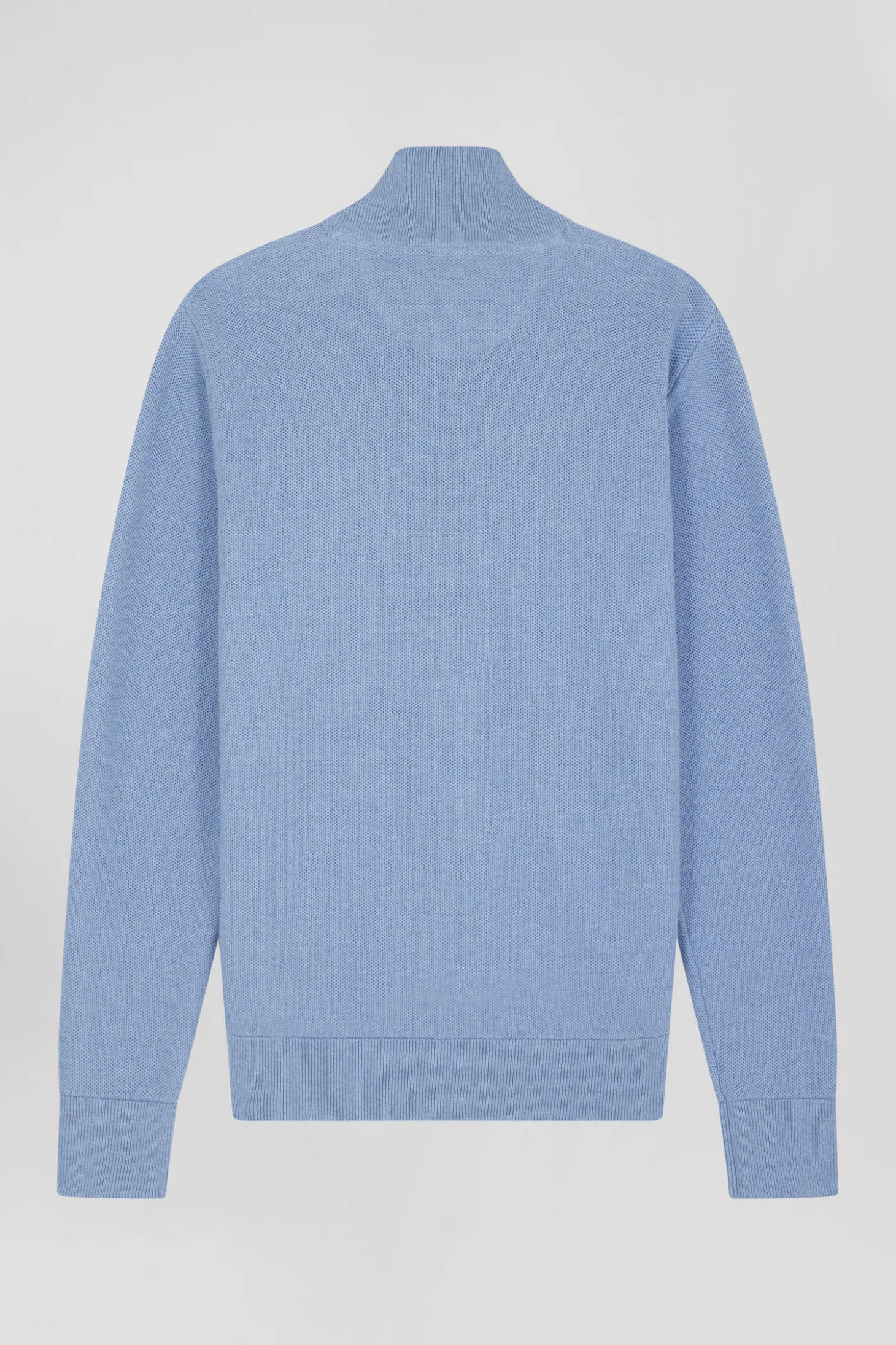 Regular plain sky blue cotton high collar zipped cardigan