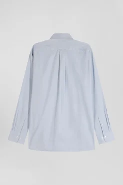 Regular plain sky blue cotton twill shirt with button-down collar