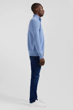 Regular plain sky blue cotton high collar zipped cardigan