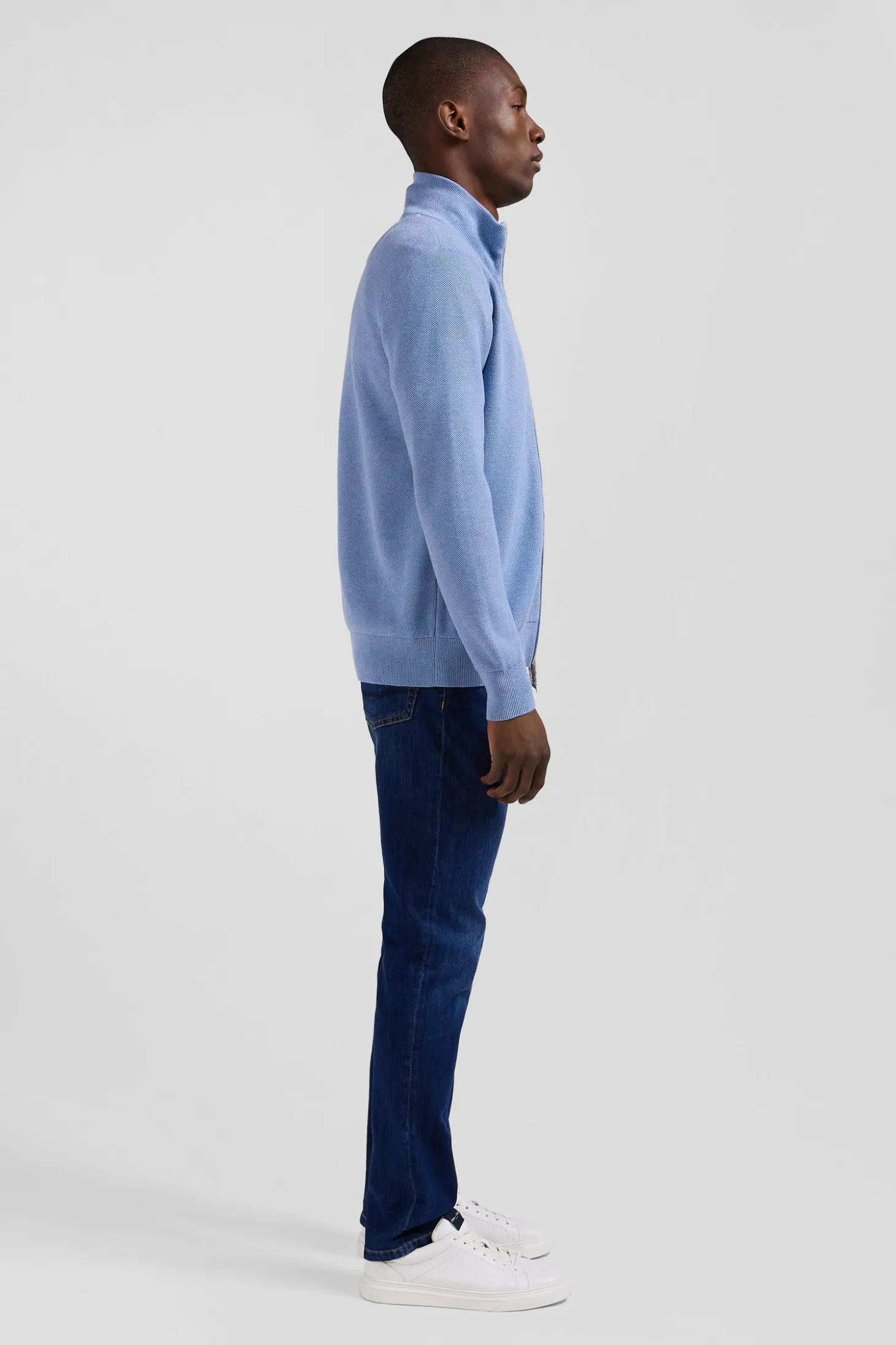 Regular plain sky blue cotton high collar zipped cardigan