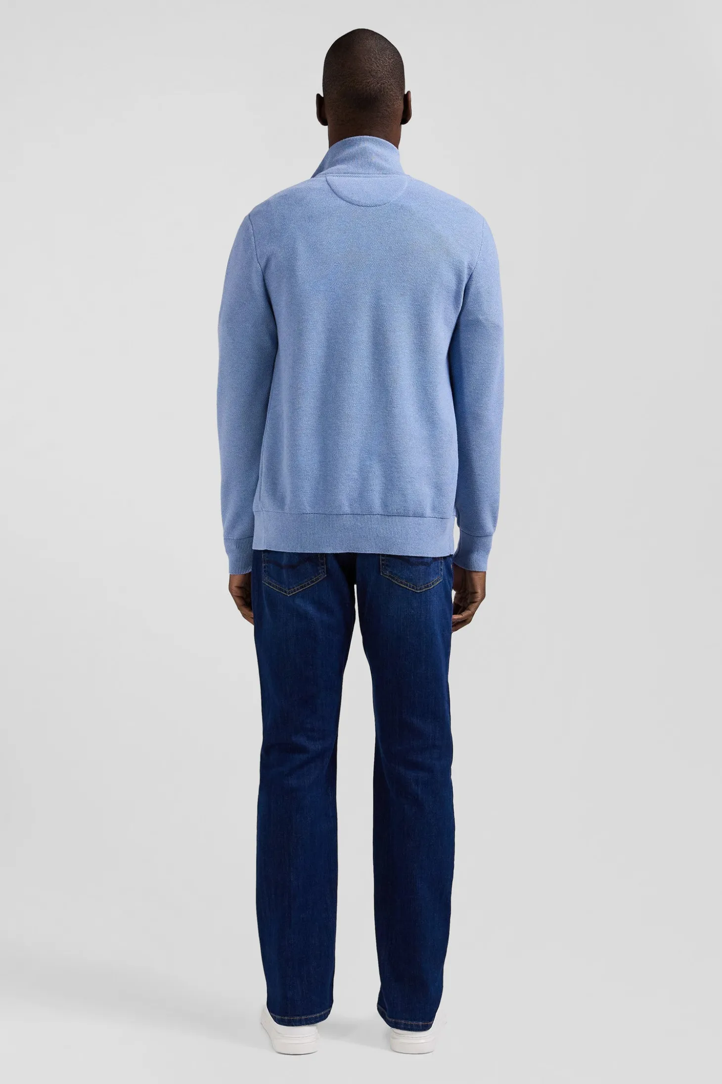 Regular plain sky blue cotton high collar zipped cardigan