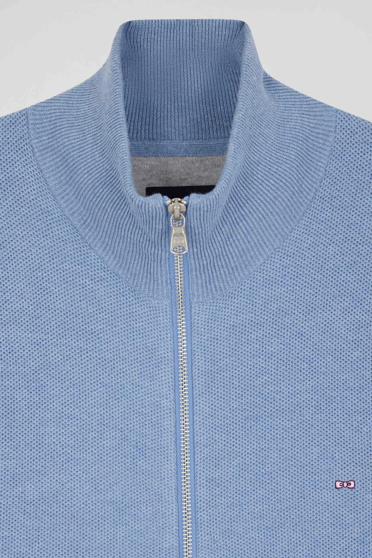 Regular plain sky blue cotton high collar zipped cardigan