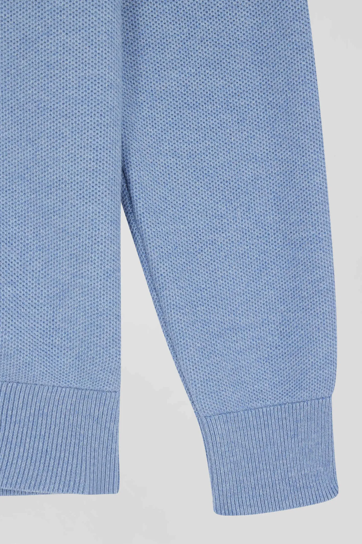 Regular plain sky blue cotton high collar zipped cardigan