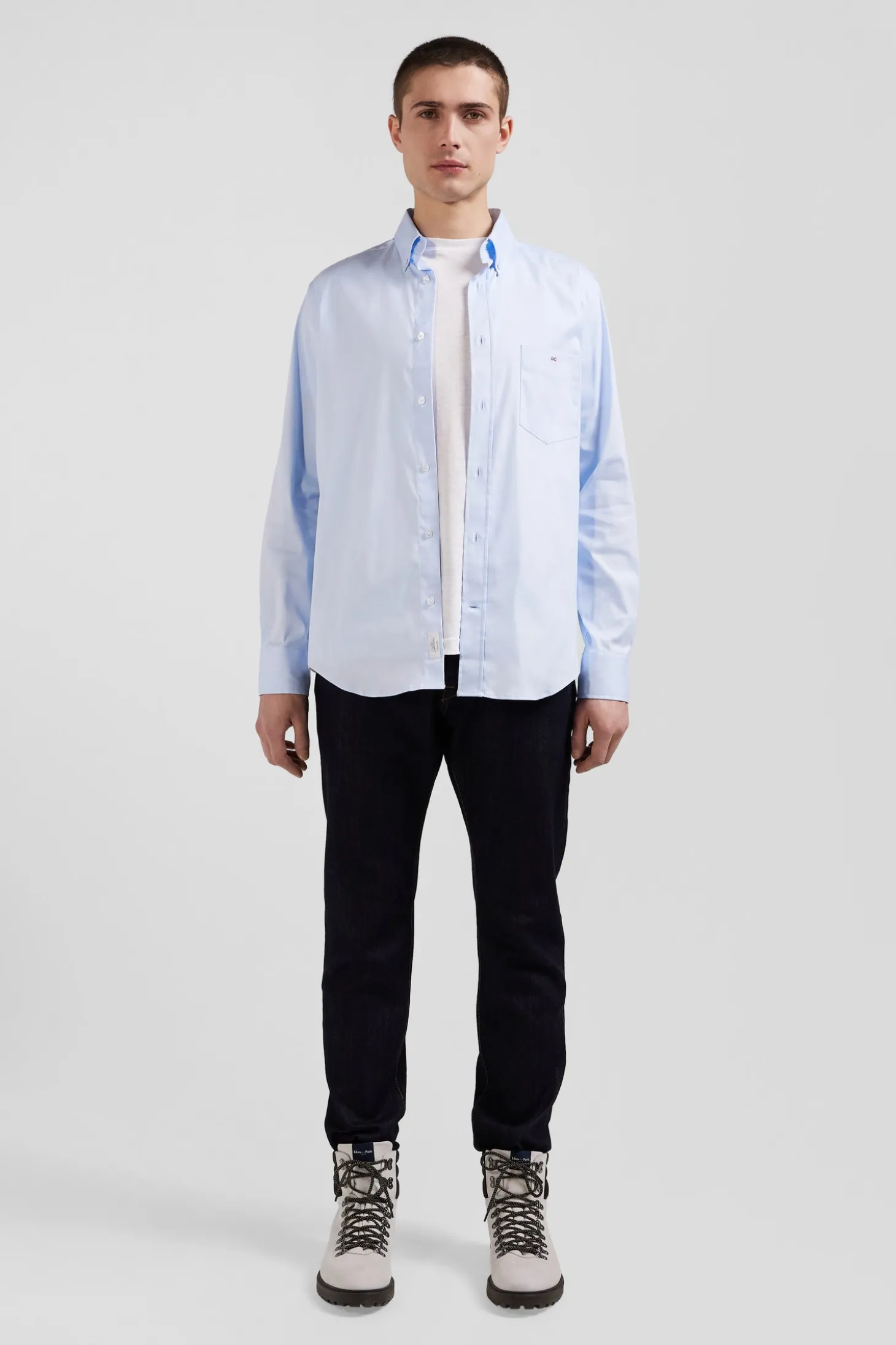 Regular plain sky blue mixed stretch cotton shirt