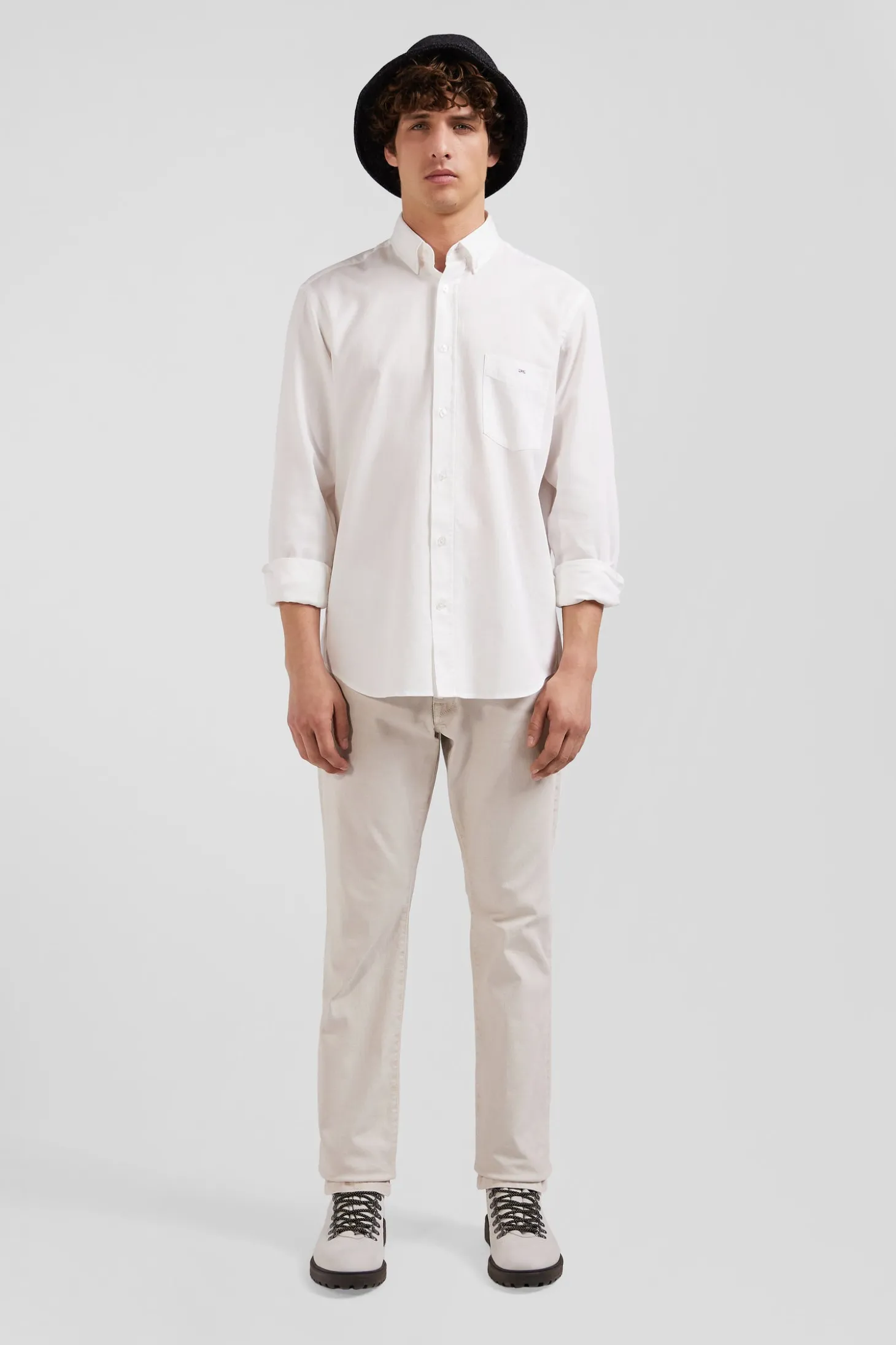 Regular plain white piqué cotton shirt