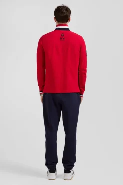 Regular red long-sleeved cotton piqué polo shirt with XV de France embroidery