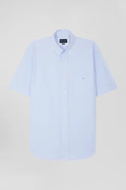 Regular sky blue and white striped cotton short-sleeved shirt