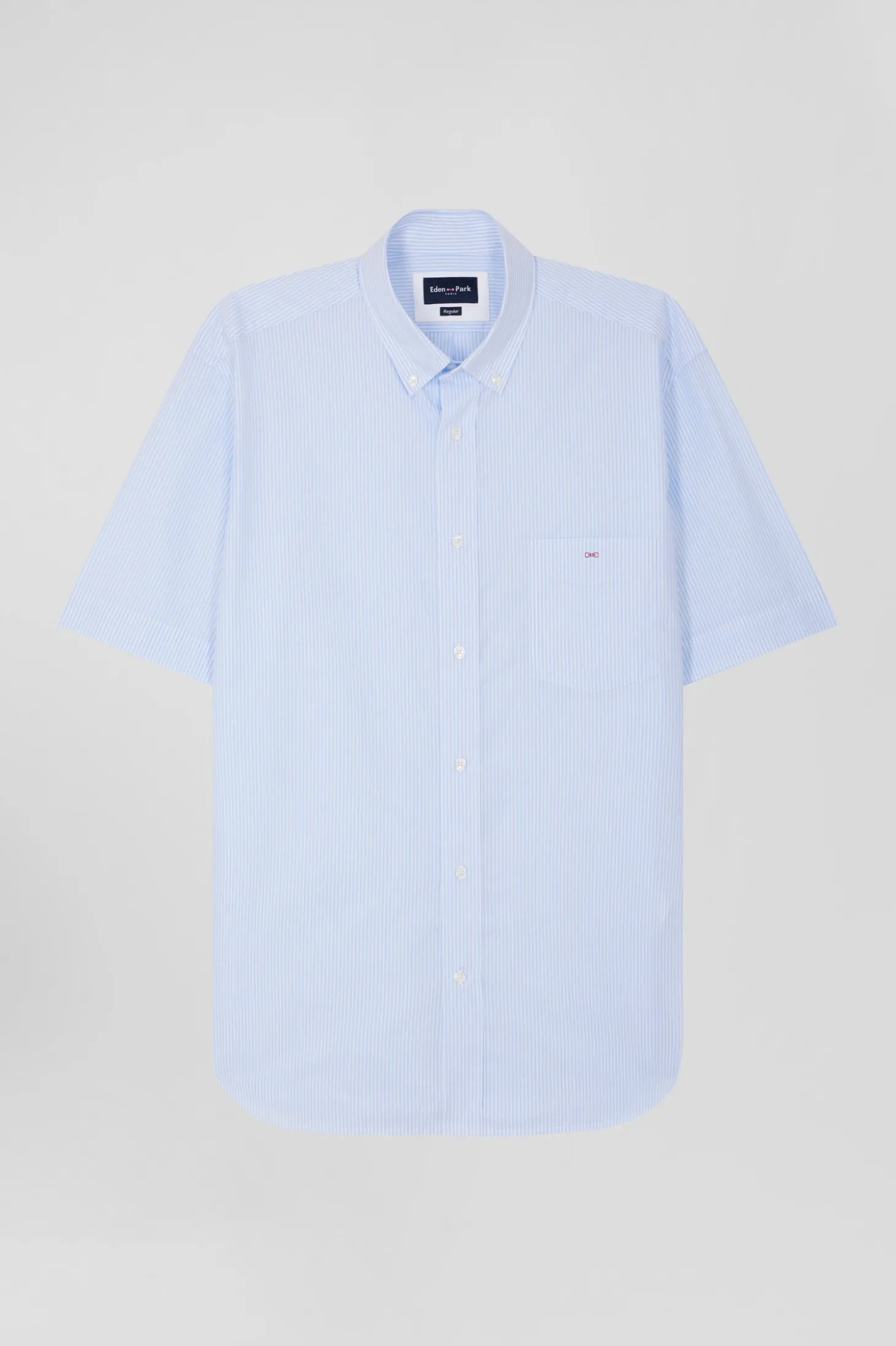 Regular sky blue and white striped cotton short-sleeved shirt