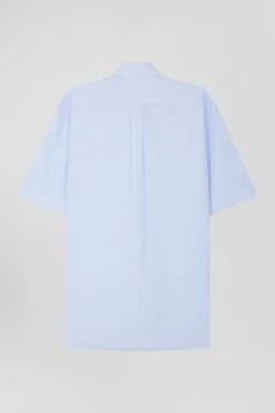Regular sky blue and white striped cotton short-sleeved shirt