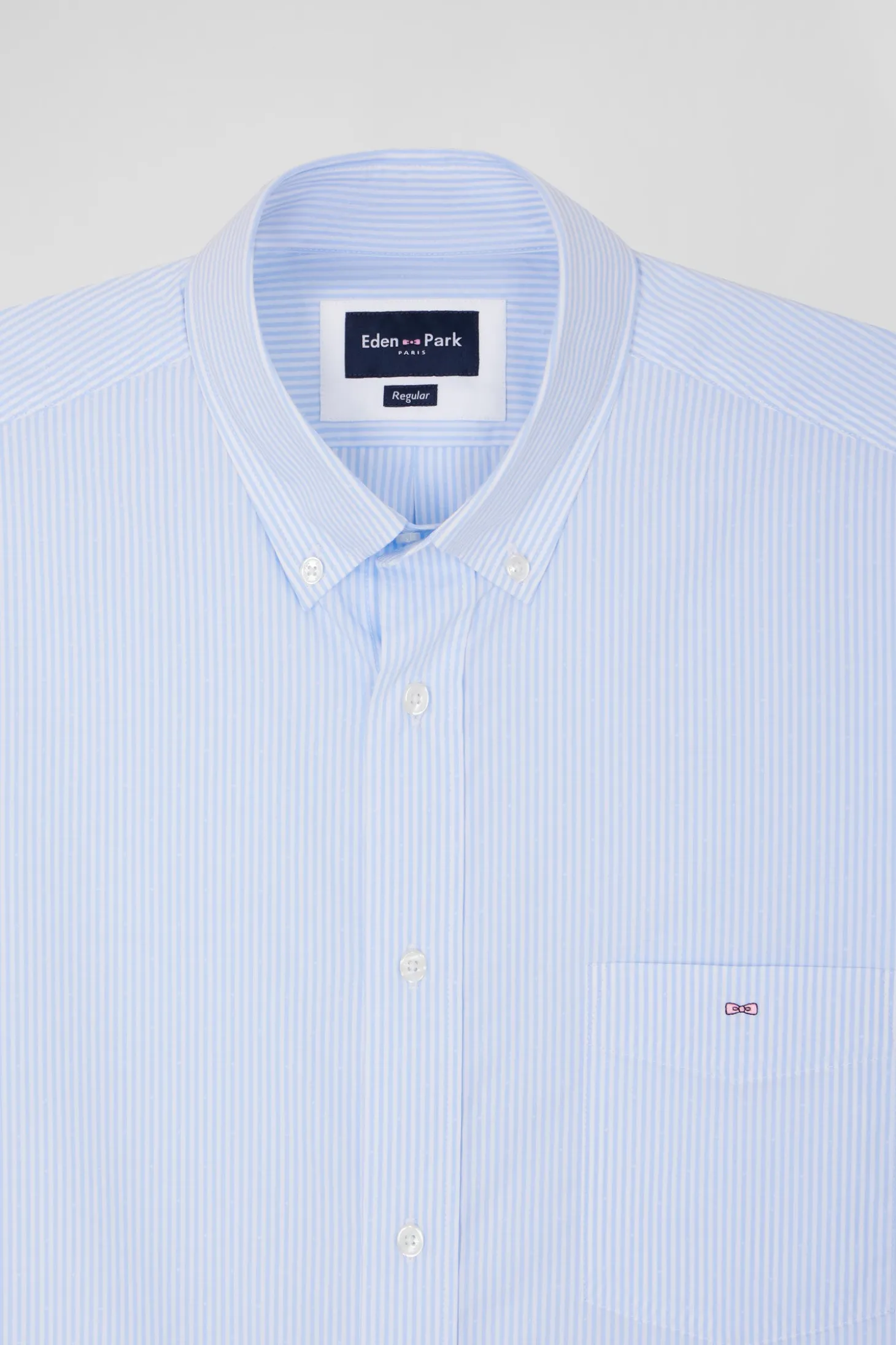 Regular sky blue and white striped cotton short-sleeved shirt
