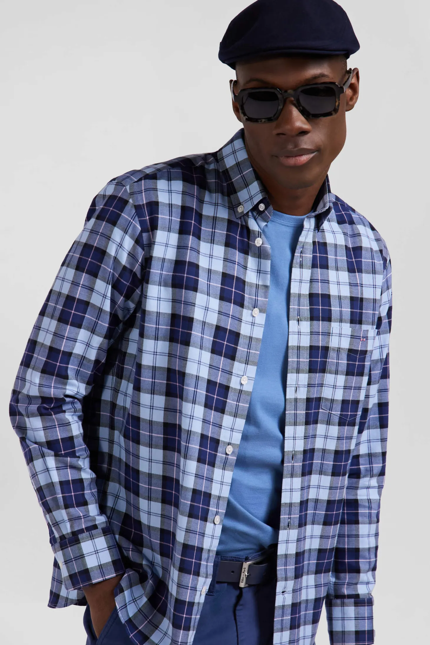 Regular sky blue checked cotton twill shirt