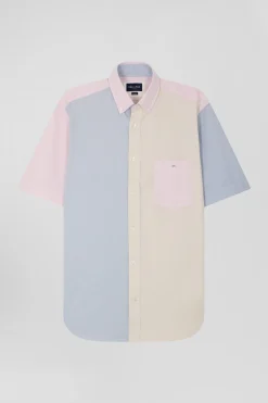 Regular sky blue cotton colourblock short-sleeved shirt