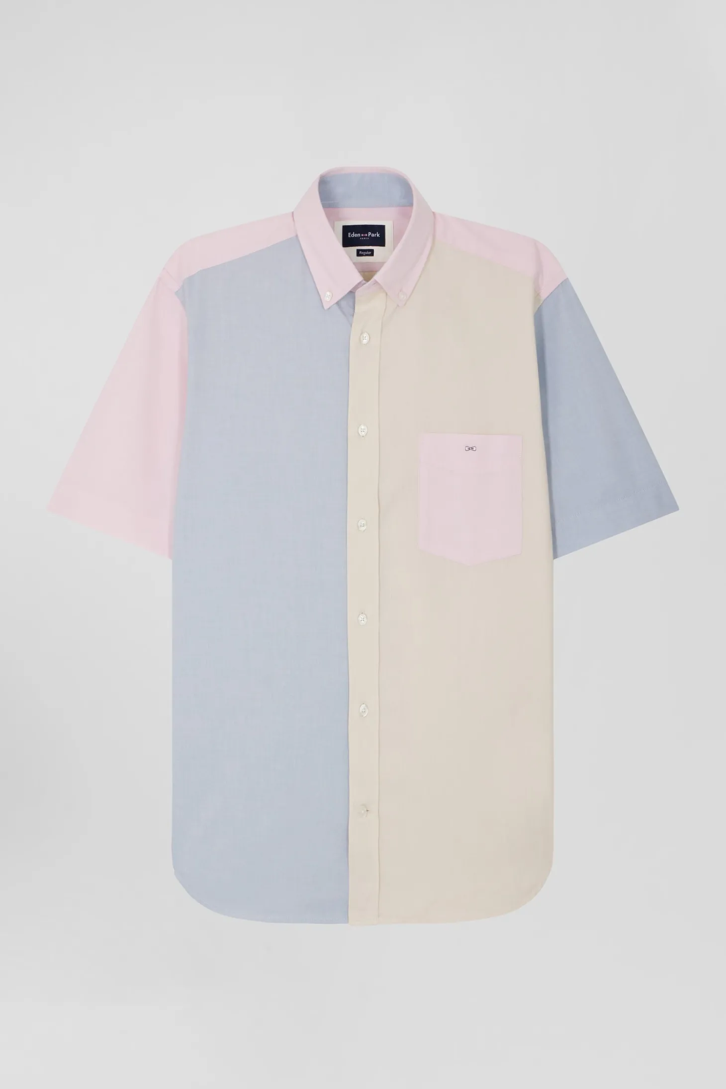 Regular sky blue cotton colourblock short-sleeved shirt