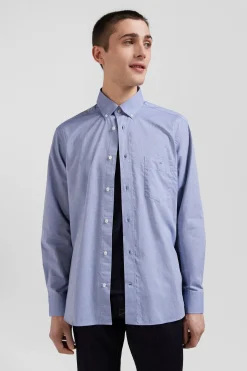 Regular sky blue cotton denim shirt with printed elbow patches