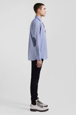 Regular sky blue cotton denim shirt with printed elbow patches