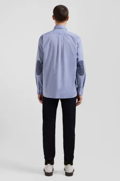 Regular sky blue cotton denim shirt with printed elbow patches