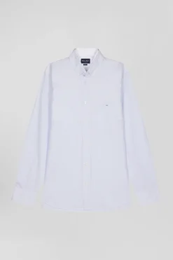 Regular sky blue cotton jacquard shirt with baton stripes