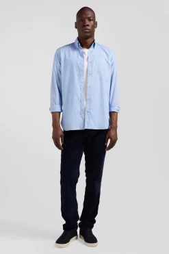 Regular sky blue cotton poplin shirt with button-down collar and printed elbow patches