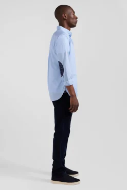 Regular sky blue cotton poplin shirt with button-down collar and printed elbow patches