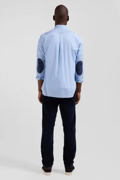 Regular sky blue cotton poplin shirt with button-down collar and printed elbow patches