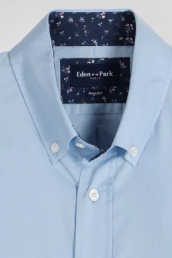 Regular sky blue cotton poplin shirt with button-down collar and printed elbow patches