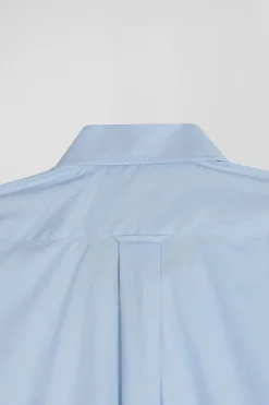 Regular sky blue cotton poplin shirt with button-down collar and printed elbow patches