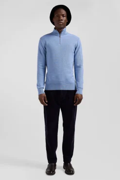Regular sky blue cotton semi-zipped jumper