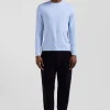 Regular sky blue long-sleeved cotton T-shirt with floral back patch