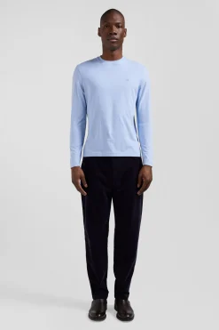 Regular sky blue long-sleeved cotton T-shirt with floral back patch