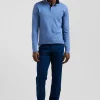 Regular sky blue long-sleeved cotton piqué polo shirt with striped collar