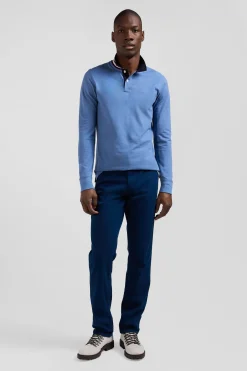 Regular sky blue long-sleeved cotton piqué polo shirt with striped collar