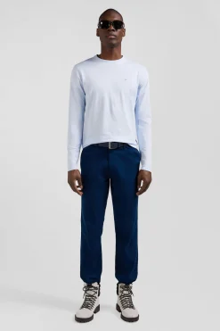 Regular sky blue long-sleeved cotton T-shirt