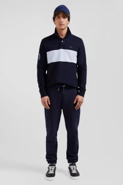 Regular sky blue long-sleeved cotton piqué polo shirt with sleeve embroidery