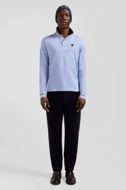 Regular sky blue long-sleeved cotton piqué polo shirt with rubber badge